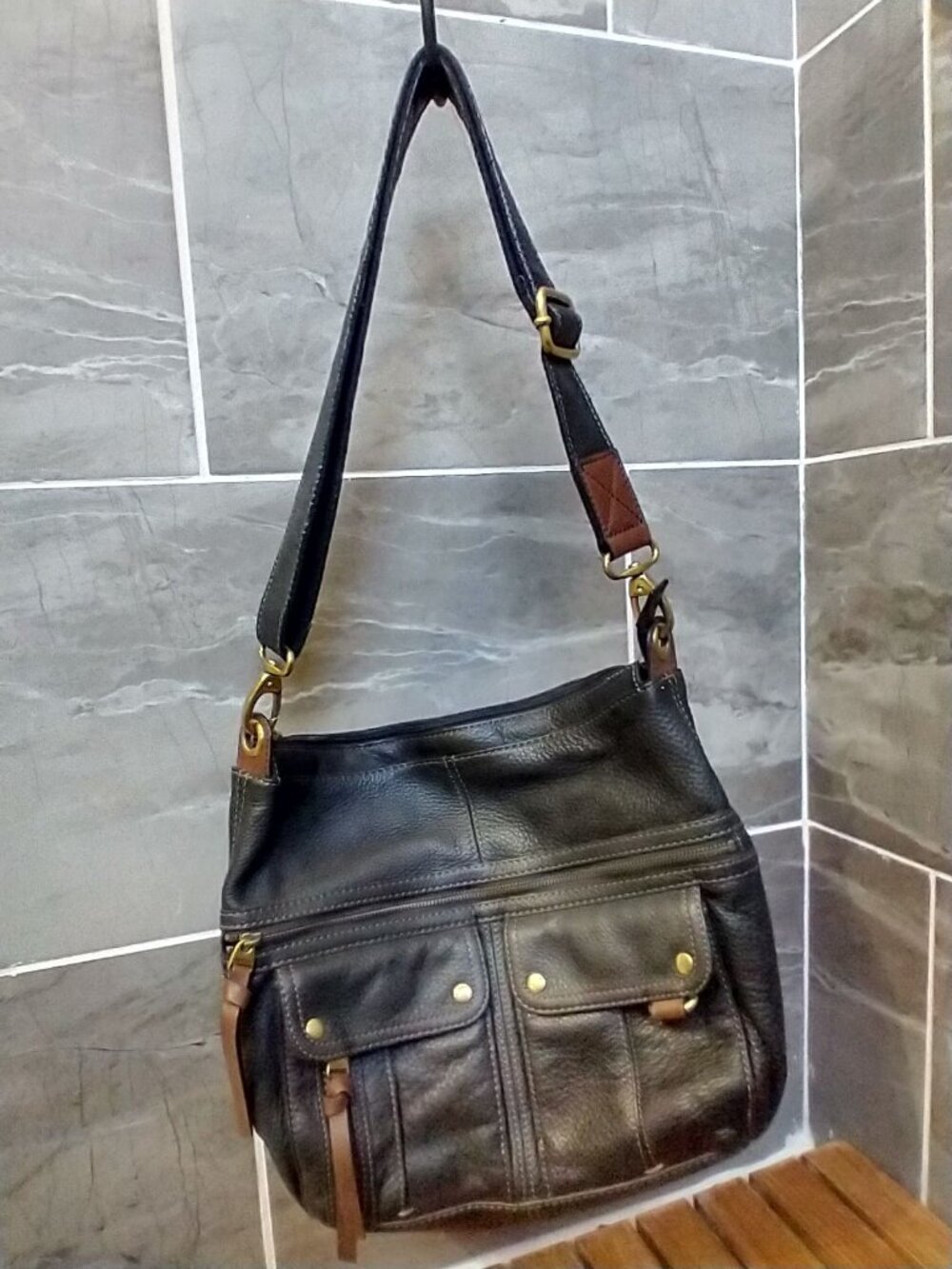 Fossil Leather Black Crossbody Bag